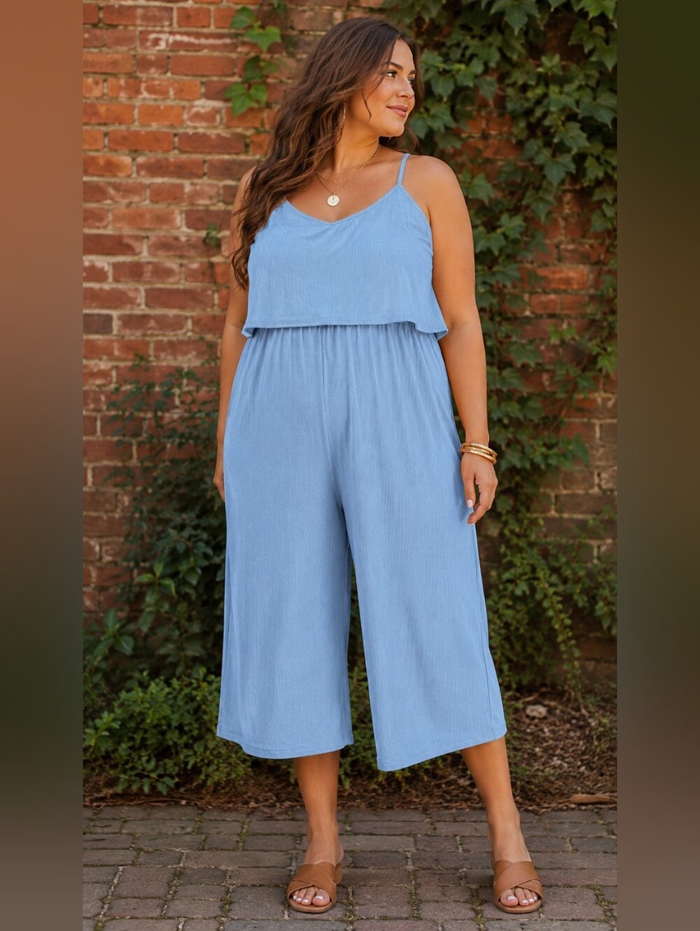 Zenana Outfitters Light Blue Wide-Leg Cropped Jumpsuit
